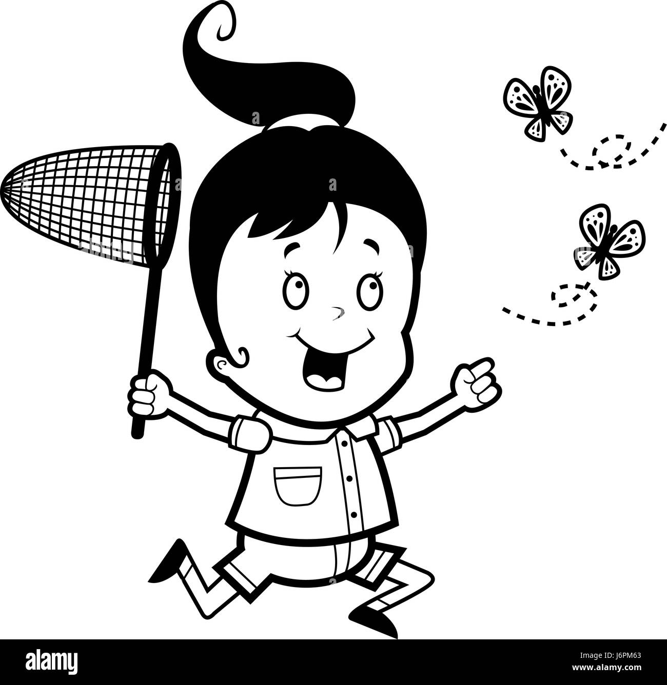 Un felice cartoon ragazza a caccia di farfalle con un net. Illustrazione Vettoriale