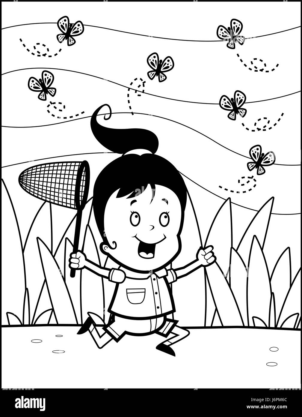 Un cartoon ragazza a caccia di farfalle con un net. Illustrazione Vettoriale