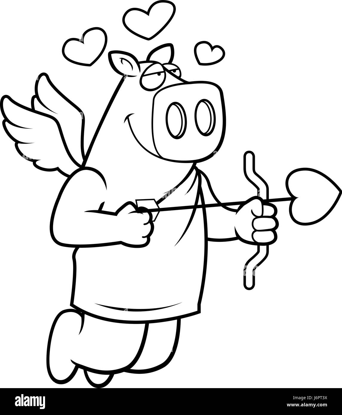 Un felice cartoon cupido suino con arco e frecce. Illustrazione Vettoriale