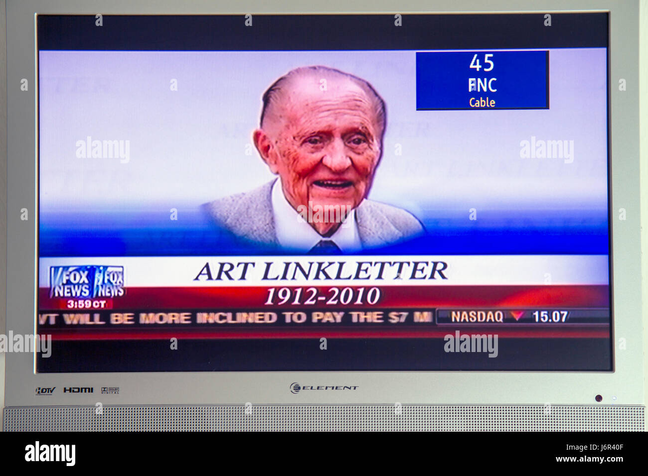 Miami Beach Florida,Fox News,Art Linkletter,personality,entertainer,death,dead,TV,TV,set,schermo,schermo piatto,cavo,canale,media,broadcast,visita Foto Stock