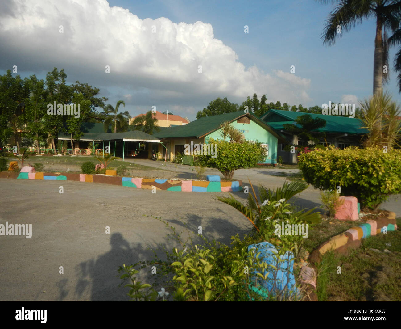 L'immagine mostra la Pulilan Central School situata a Bulacan, Filippine. La scena include una palma da champagne (o palma Bismark) sul terreno della scuola, che mostra la flora locale e l'ambiente della regione. Foto Stock