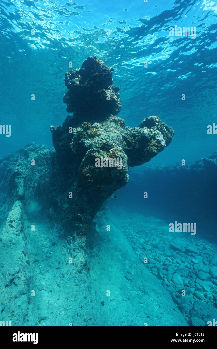 Formazione rocciosa naturale subacquea nella barriera corallina esterna di Huahine isola, oceano pacifico, Polinesia Francese Foto Stock