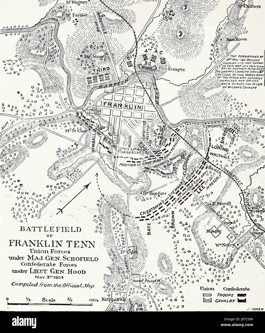 Mappa del campo di battaglia di Franlin, Tennessee, 3 novembre 1864 - Guerra civile americana Foto Stock