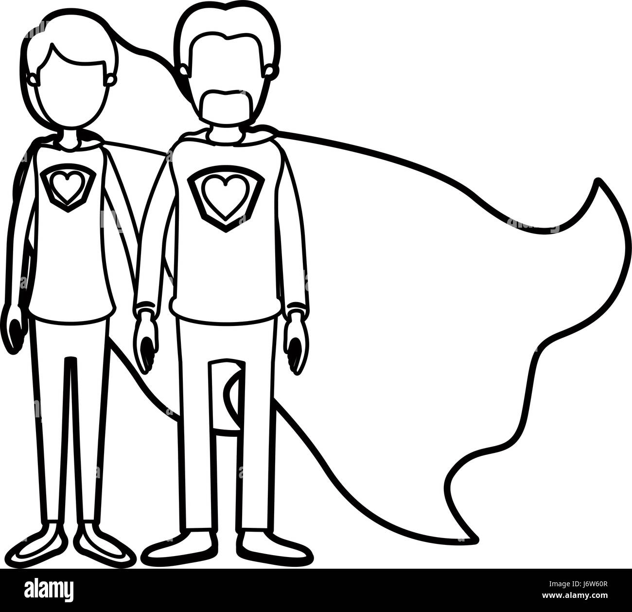 La caricatura di spessore senza volto di contorno corpo pieno giovane super eroe con il simbolo del cuore in uniforme Illustrazione Vettoriale