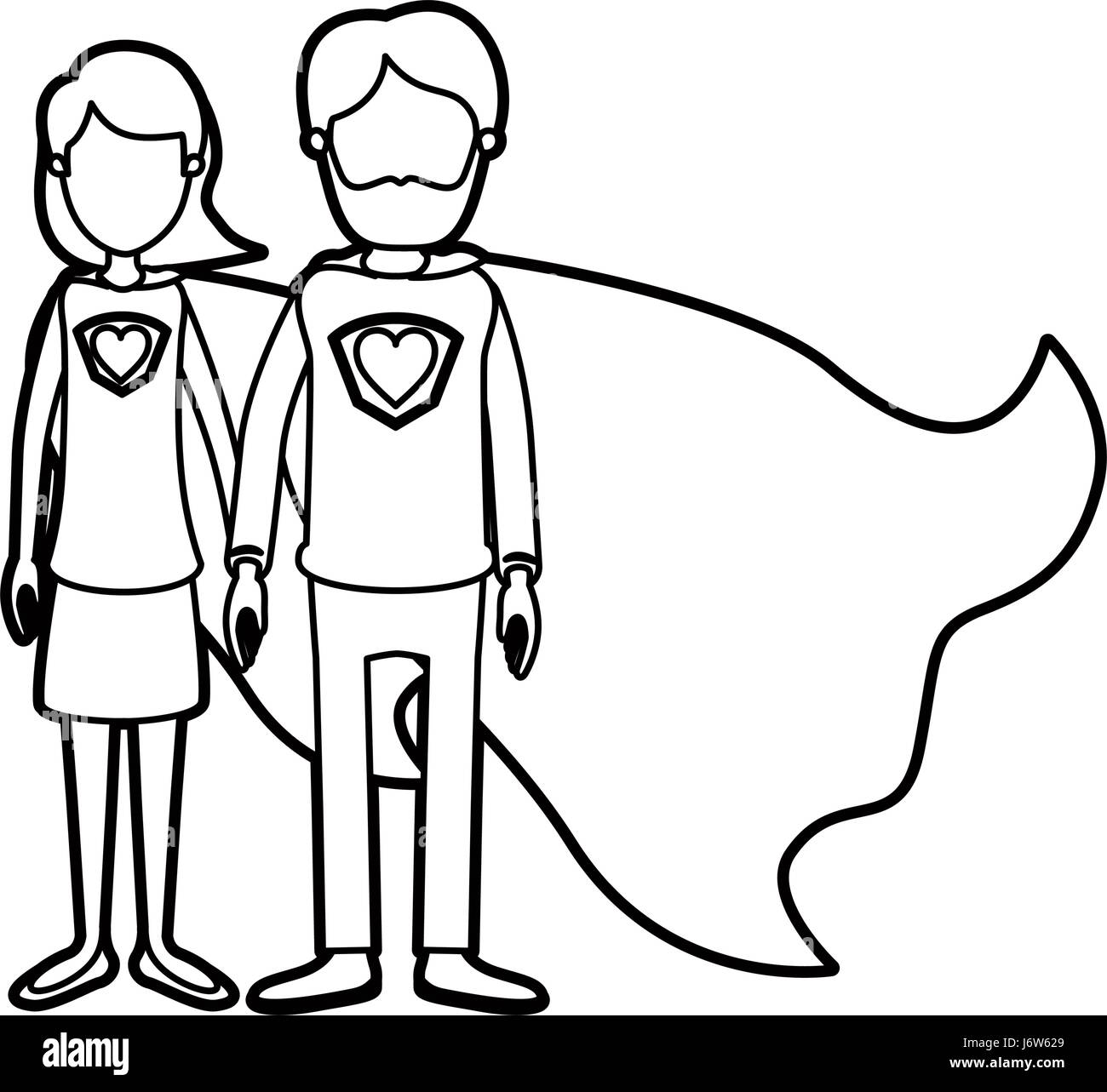 La caricatura di spessore senza volto di contorno corpo pieno giovane genitori super eroe con il simbolo del cuore in uniforme Illustrazione Vettoriale