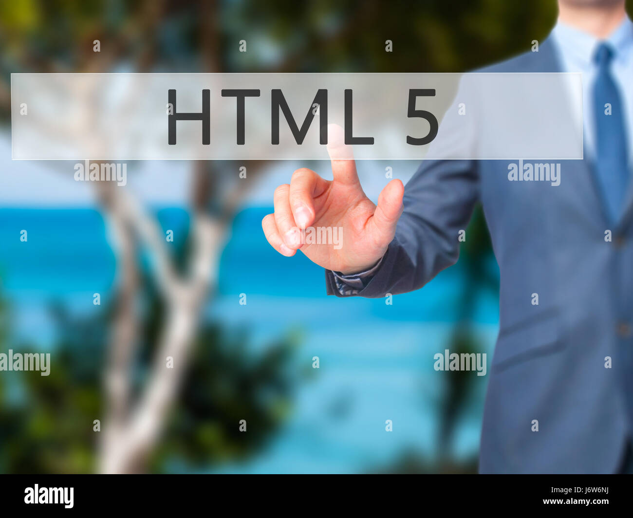 HTML 5 - Imprenditore mano premendo il pulsante sul touch screen interfaccia. Business, tecnologia internet concetto. Stock Photo Foto Stock
