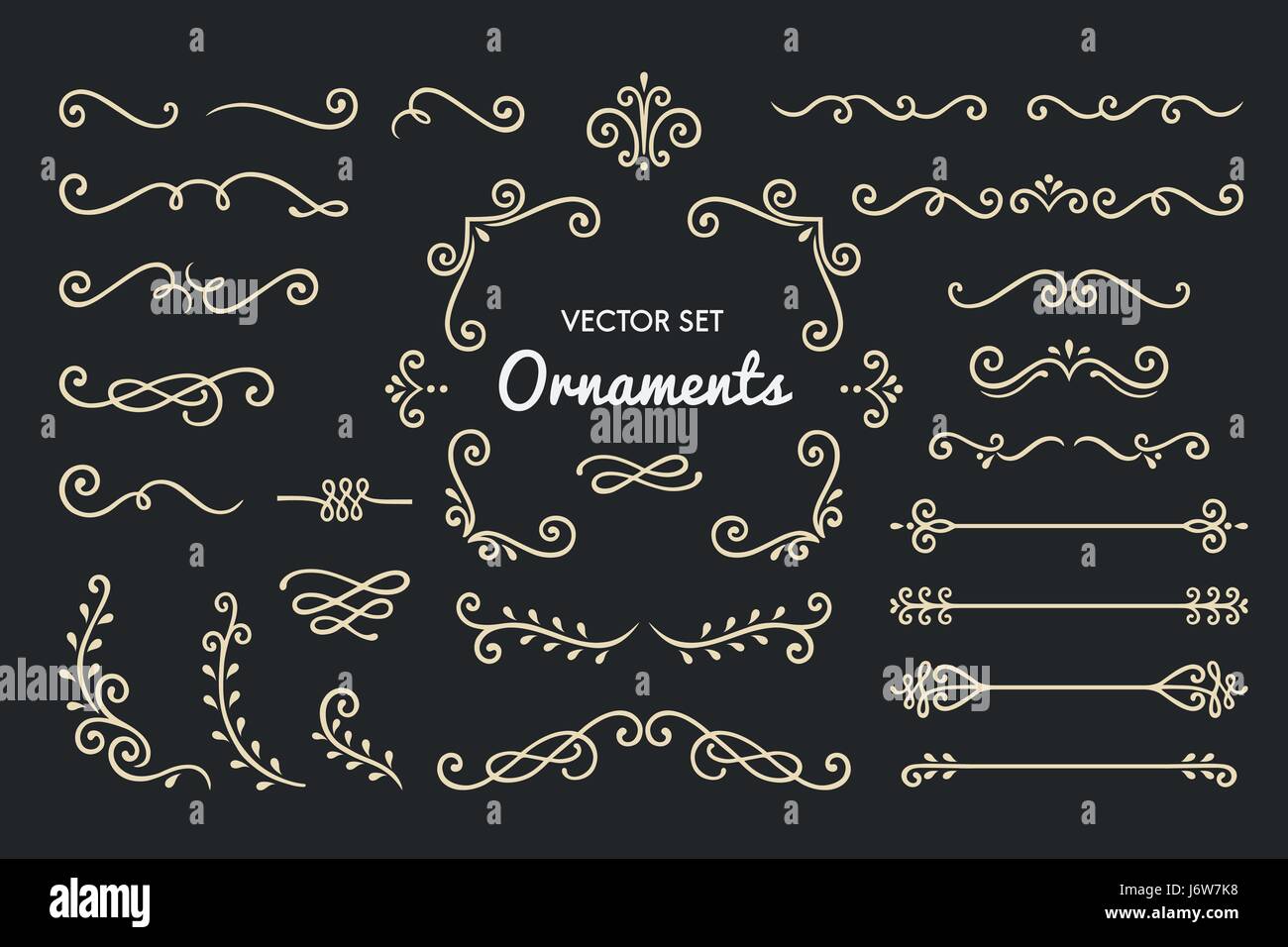 Impostare collezione Vintage di elementi di ornamento su sfondo nero Illustrazione Vettoriale