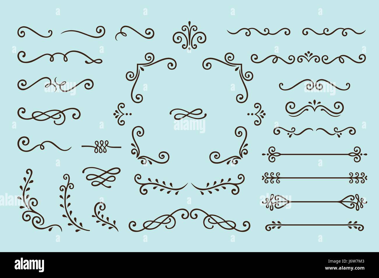 Impostare collezione Vintage di elementi di ornamento su sfondo blu Illustrazione Vettoriale