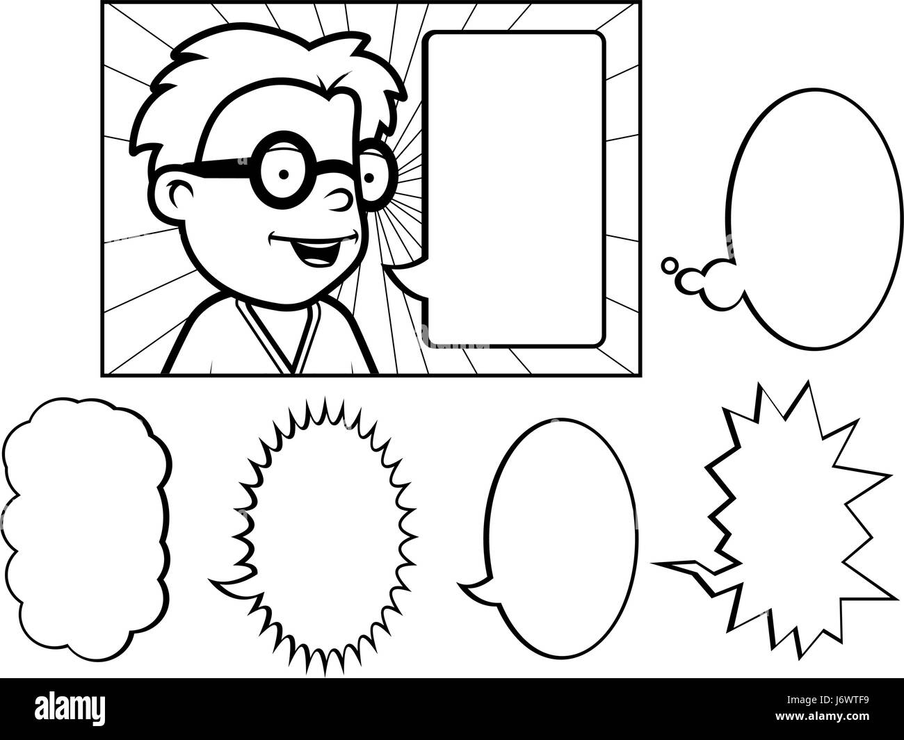 Un felice cartoon bambino parlando con la parola bolle. Illustrazione Vettoriale