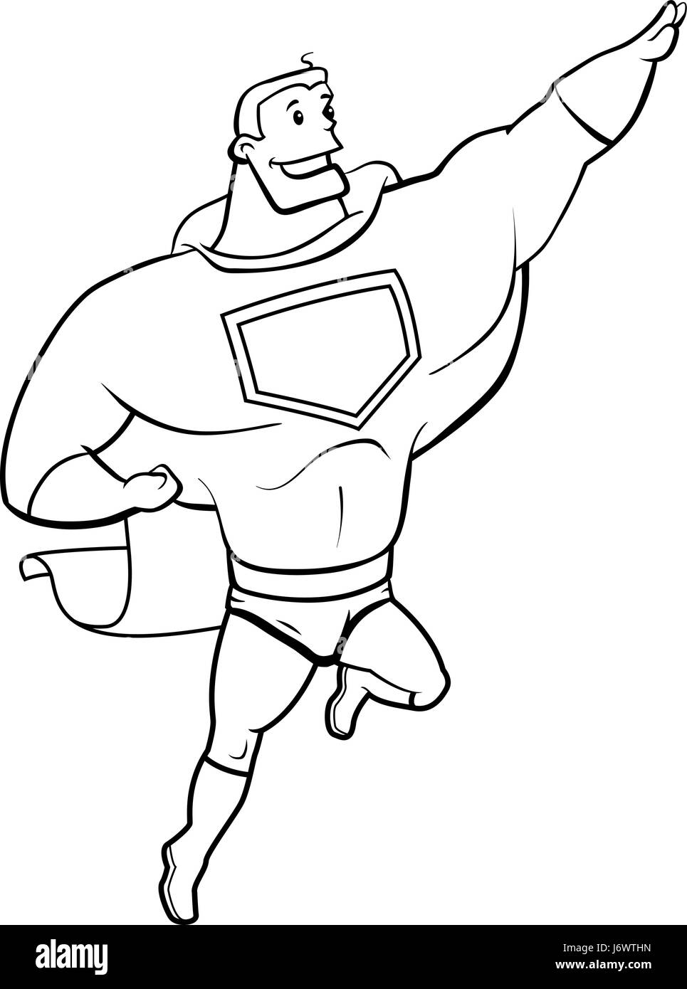 Un felice cartoon superhero volare e sorridente. Illustrazione Vettoriale