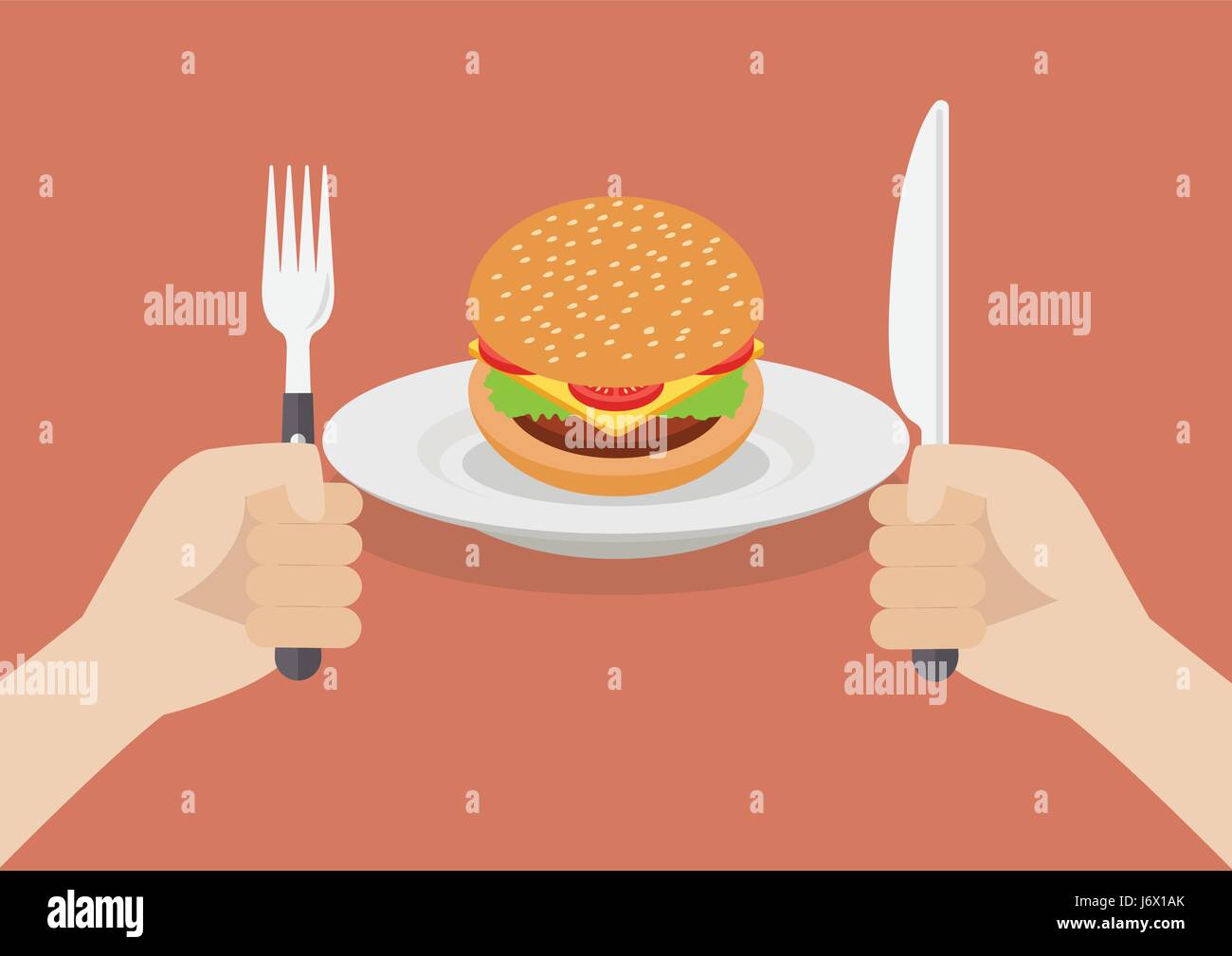 Coltello e forchetta posate in mani con burger. Illustrazione Vettoriale Illustrazione Vettoriale