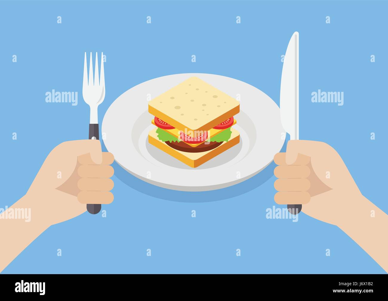 Coltello e forchetta posate in mani con sandwich. Illustrazione Vettoriale Illustrazione Vettoriale