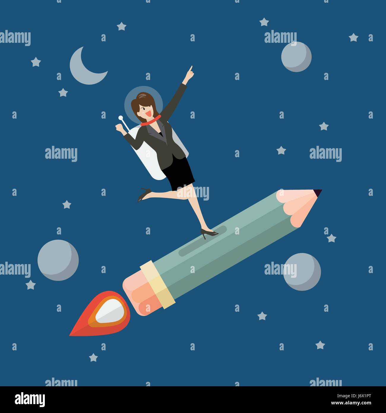 Business donna astronauta sul razzo a matita. Uno stile piatto illustrazione vettoriale Illustrazione Vettoriale
