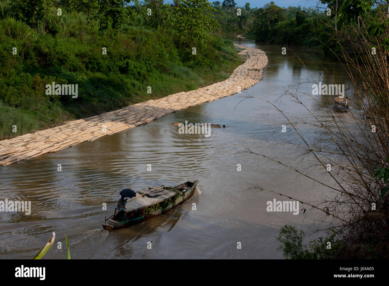 Bambù sono legate insieme come le zattere sono flottanti in allontanamento al mercato con la corrente del fiume Machalang. Rangamati, Bangladesh. Foto Stock