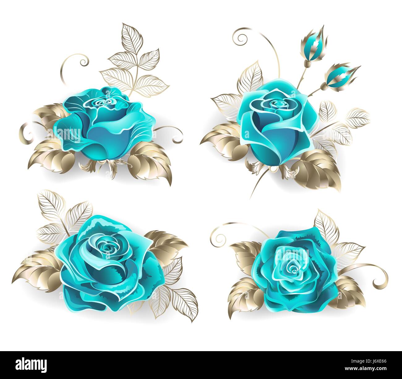 Set di turchese roses, con foglie di oro bianco su uno sfondo bianco. Blue tiffany. Colori alla moda. Il turchese è salito. Illustrazione Vettoriale