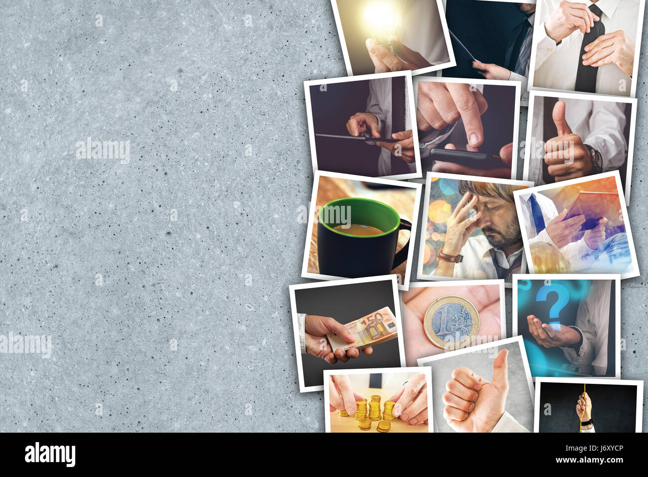 Business e imprenditorialità photo collage su cemento grigio sfondo Foto Stock