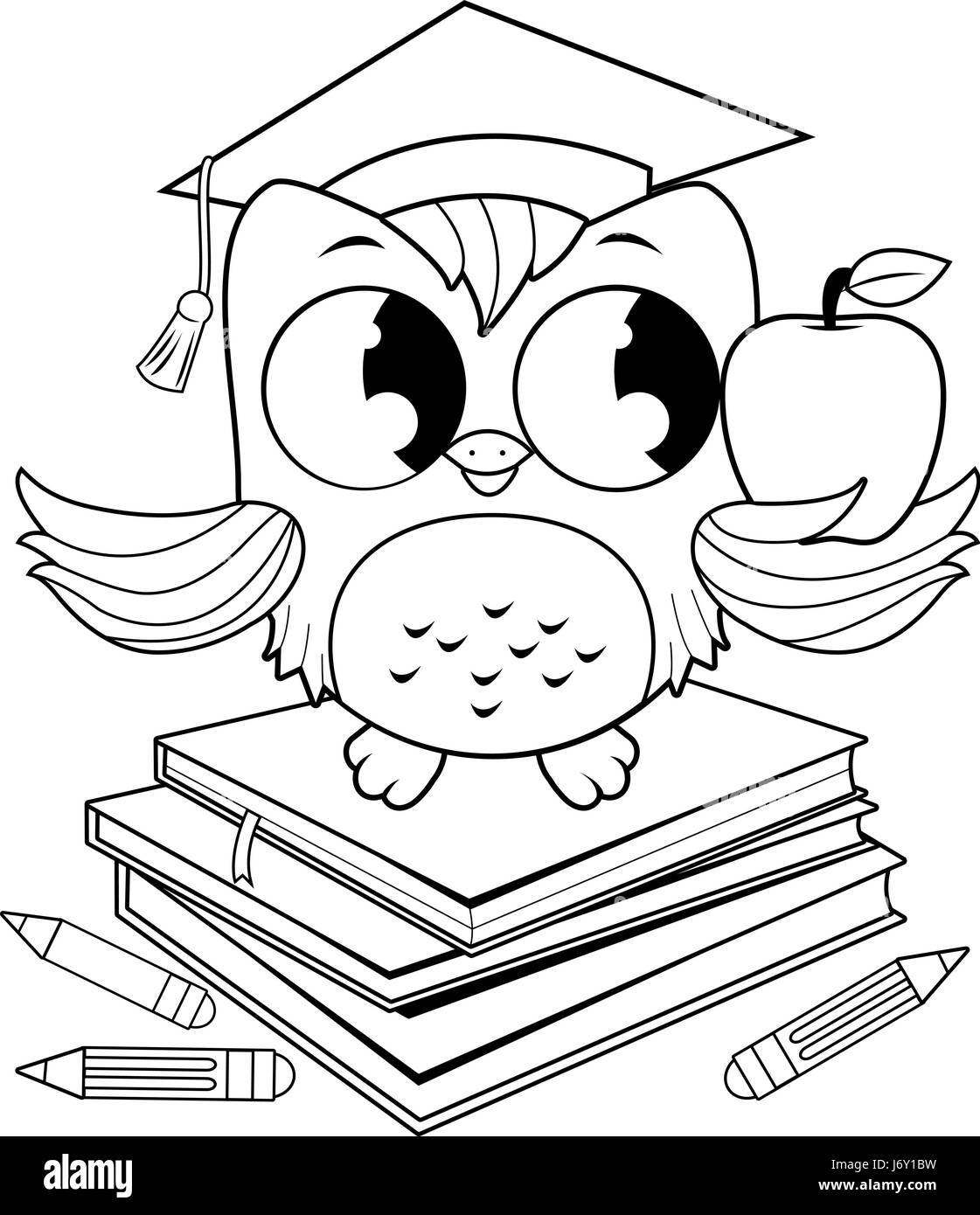Gufo con cappello da laurea seduto su una pila di libri. Owl insegnante uccello in classe. Pagina di colorazione vettoriale in bianco e nero. Illustrazione Vettoriale Gufo con cappello da laurea seduto su una pila di libri. Owl insegnante uccello in classe. Pagina di colorazione vettoriale in bianco e nero. Illustrazione Vettoriale