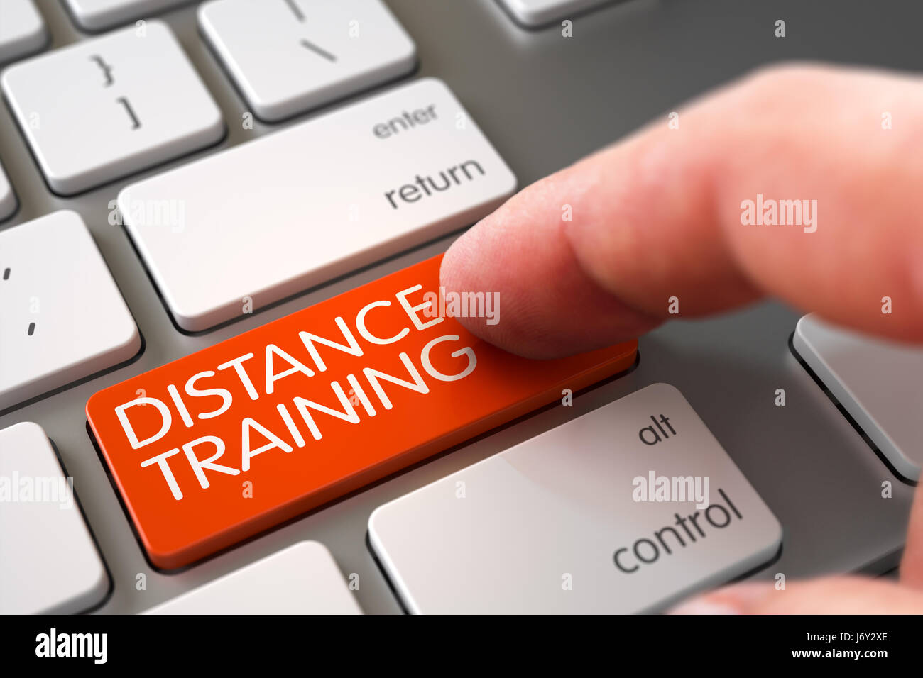 Dito mano premere Formazione a Distanza Pulsante. 3D. Foto Stock