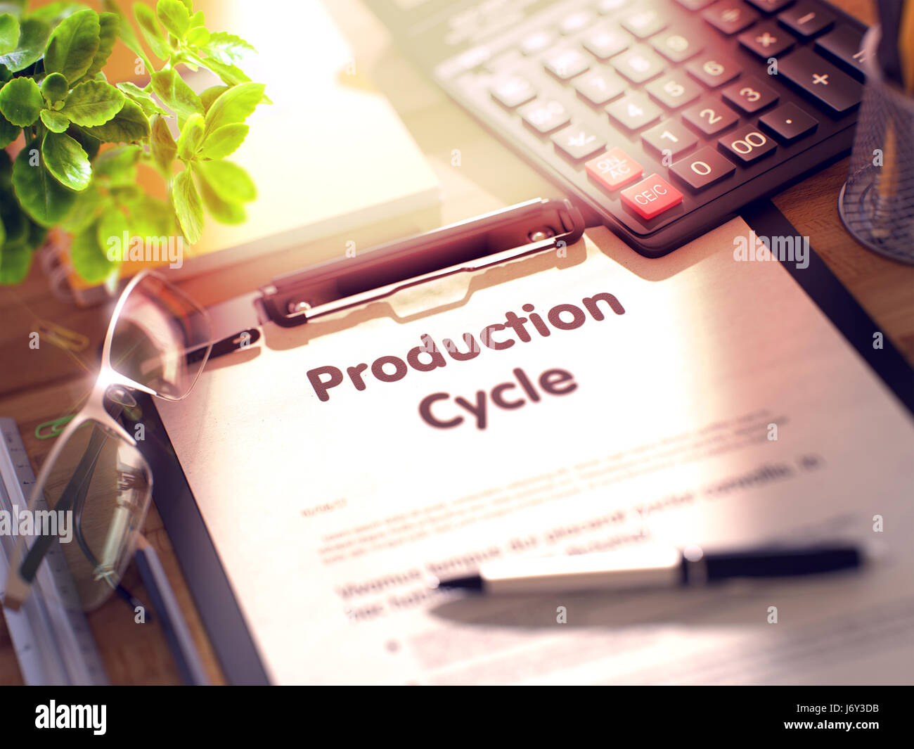 Il ciclo di produzione concetto negli Appunti. 3D. Foto Stock