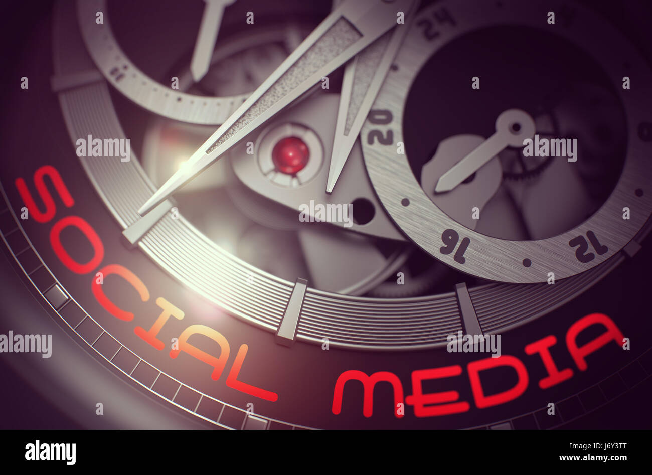 Social Media sul Vintage orologio da polso il meccanismo. 3D. Foto Stock