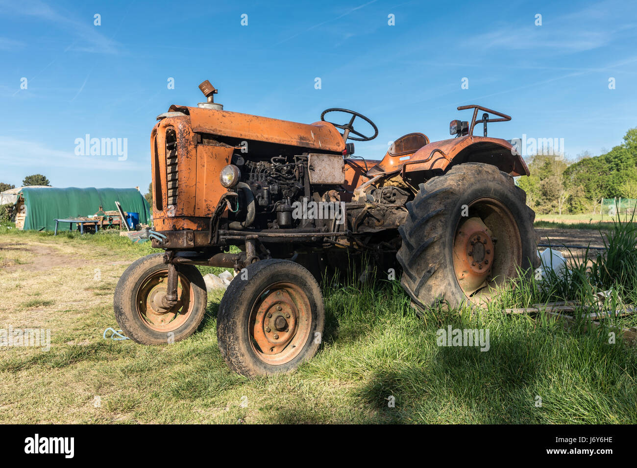 Arancio vecchio trattore agricolo nella campagna Foto Stock