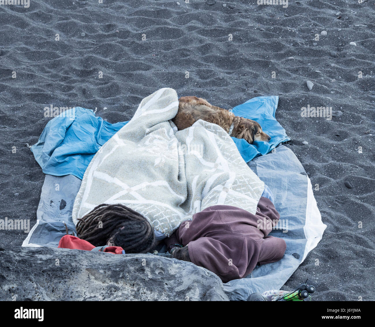 Hippies e cane dormire sulla spiaggia Foto Stock