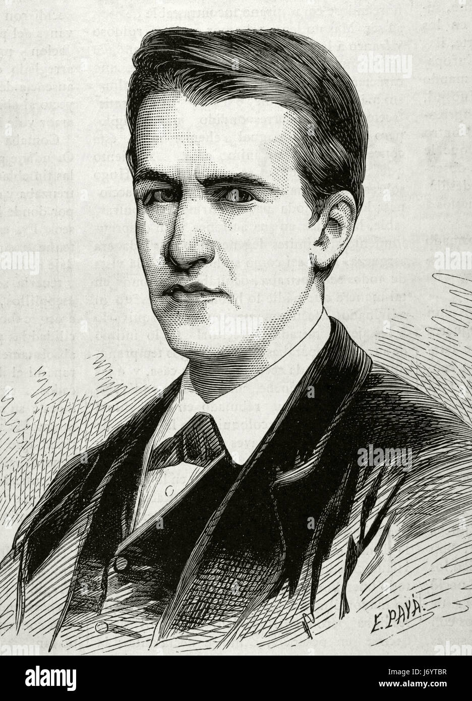 Thomas Alva Edison(1847-1931). Inventore americano e imprenditore. Ritratto. Incisione di E. Paya. 'La Academia", 1878. Foto Stock