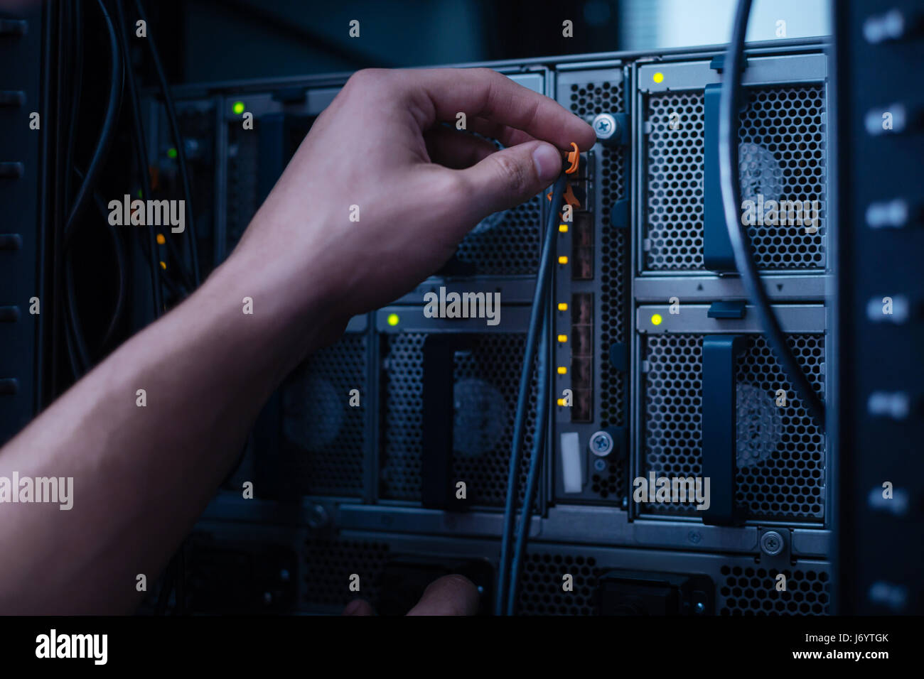 Cavo di rete collegato al server di dati Foto Stock