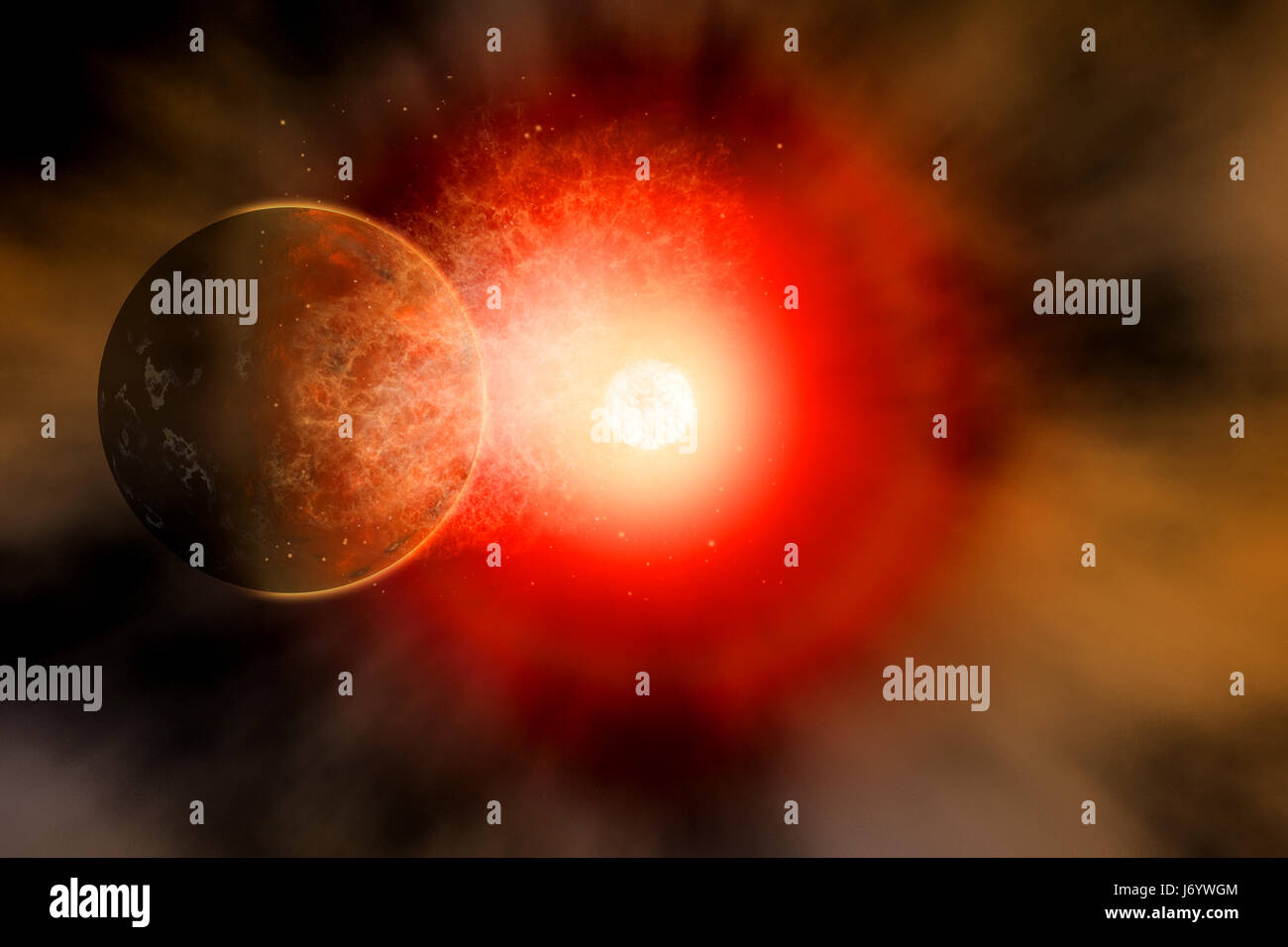 Una stella morente diventando una supernova, Distruggere tutto nel suo percorso , compresi i pianeti orbitanti. Foto Stock