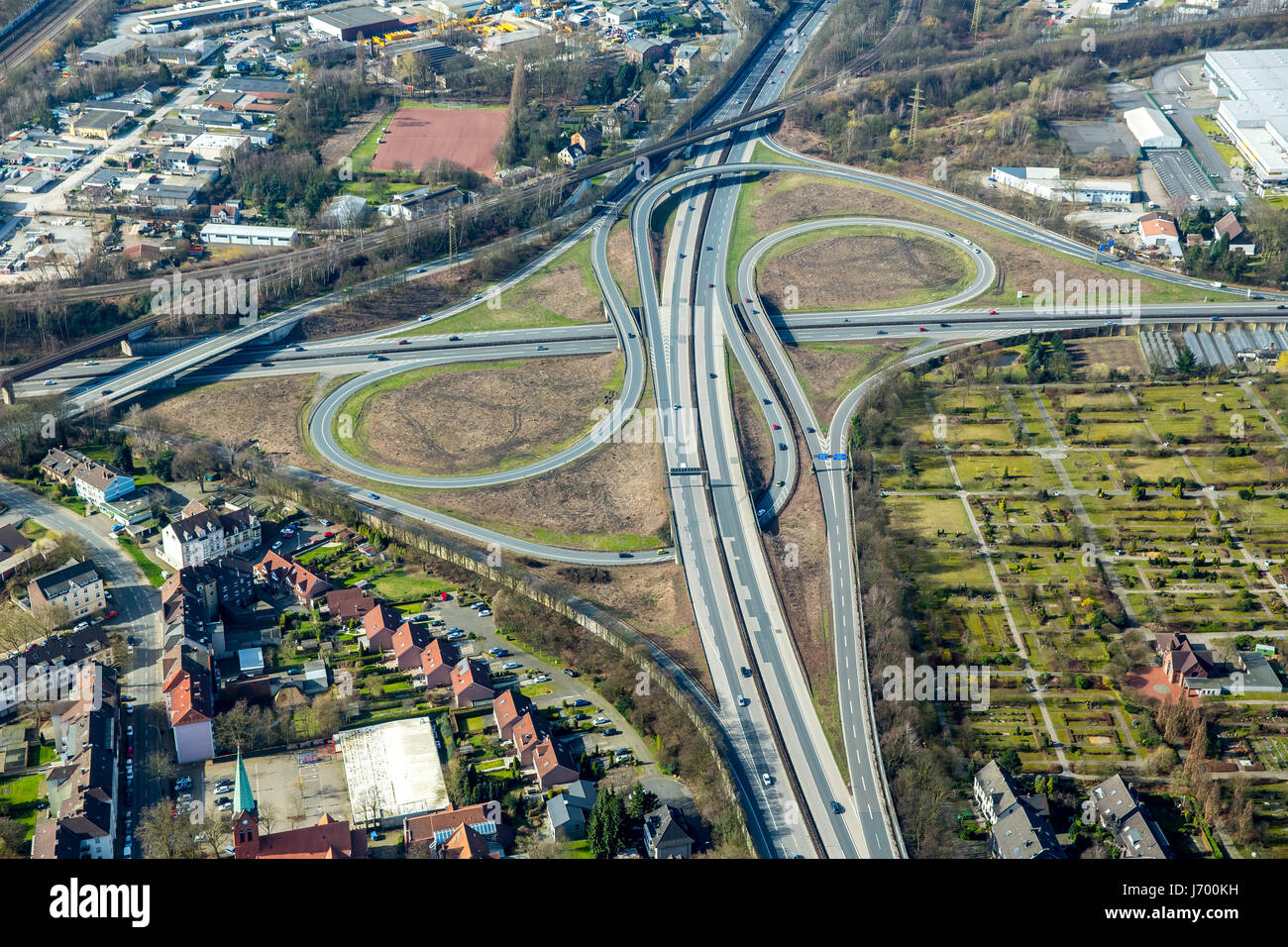 Autostrada attraversando Herne, Highway 42 e dell'autostrada 43, Emscherschnellweg, Ruhr, Renania settentrionale-Vestfalia, Germania, Autobahnkreuz Herne, Autobahn 42 und Autobah Foto Stock