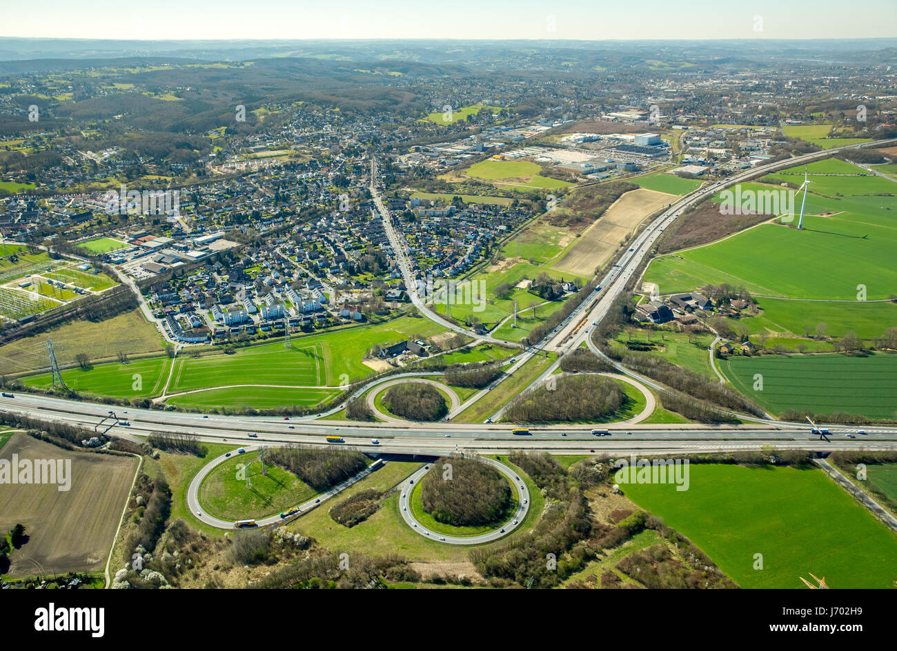 Il triangolo autostradale A45 e A44 autostrada Dortmund-Kruckel, Dortmund, la zona della Ruhr, Renania settentrionale-Vestfalia, Germania,Autobahndreieck Autobahn A45 und Autobahn Foto Stock