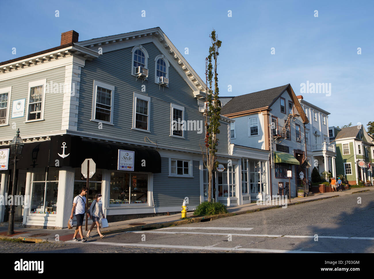 Fila di negozi in Franklin Street,Newport, Rhode Island,USA Foto Stock