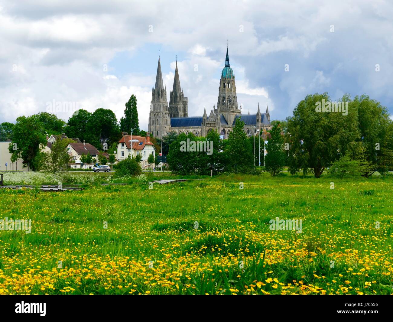 Vista della cattedrale di Bayeux, Cathédrale Notre-dame de Bayeux, attraverso la palude di verde della Vallée de l'Aure, Bayeux, Calvados, Francia. Foto Stock