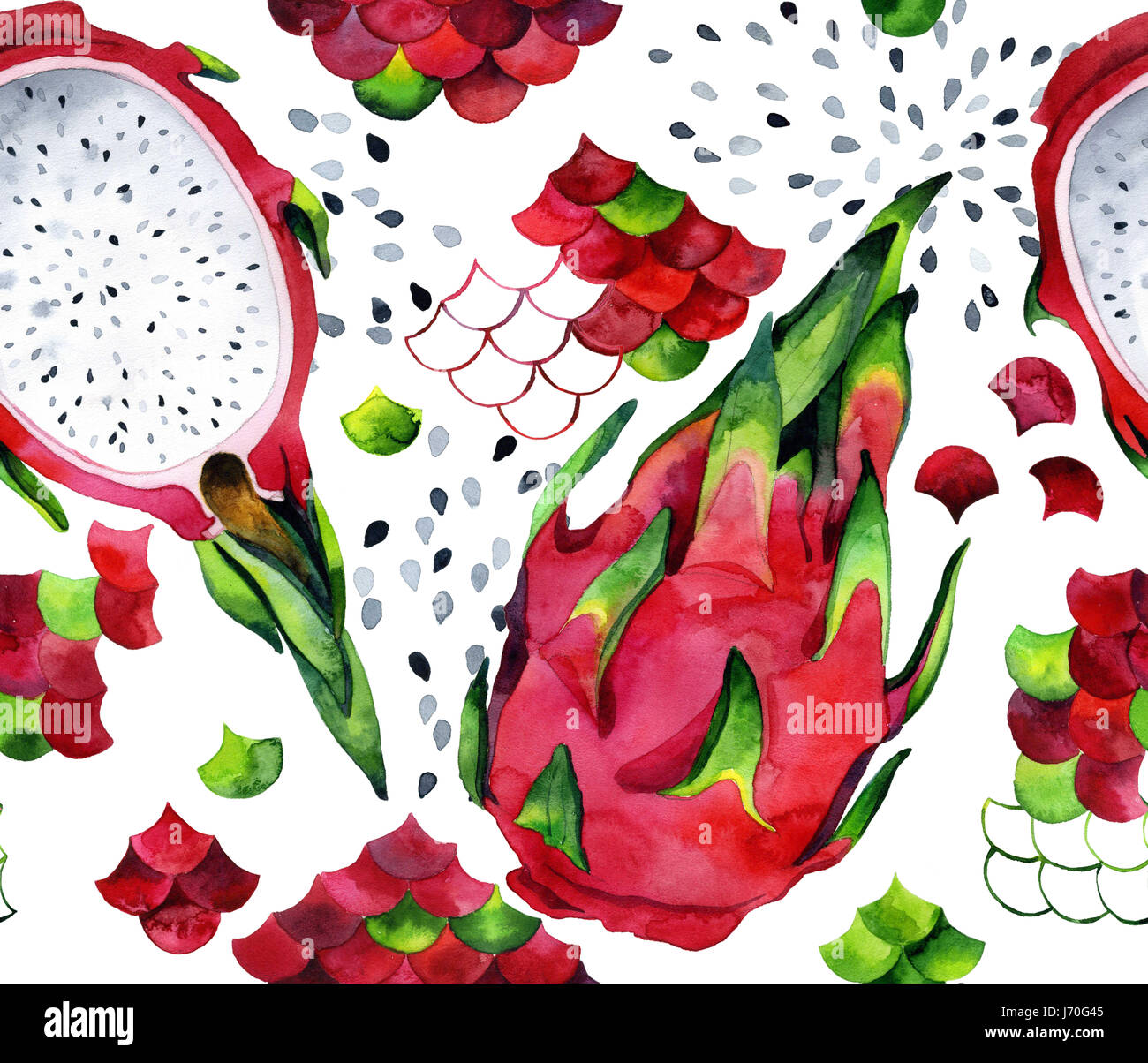 Seamless disegno ad acquerello con dragon frutti e pitahaya Foto Stock