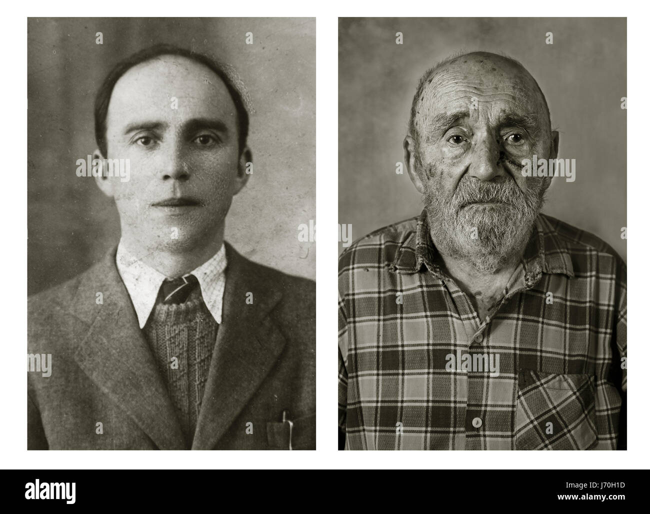 Vincenc Jetelina. Sinistra: 30 anni, destra: 105 anni. Egli era un lavoratore edile e ora vive in casa propria in Moravia del sud villaggio. Ha trascorso 8 anni in prigione per essere un quartiere commissario durante il WW2. Ritratti Poignant hanno posto centenari fianco a fianco con i loro giovani stessi in un progetto chiamato facce del secolo. Le immagini raccontano le storie uniche di ogni vita della persona tra cui una donna che era nel carrello che ha colpito e ucciso di alta classifica tedesca ufficiale nazista Reinhard Heydrich figlio di Klaus nel 1943. Un altro affascinante racconto proviene da un 101-anno-vecchia donna che ha deciso di Foto Stock