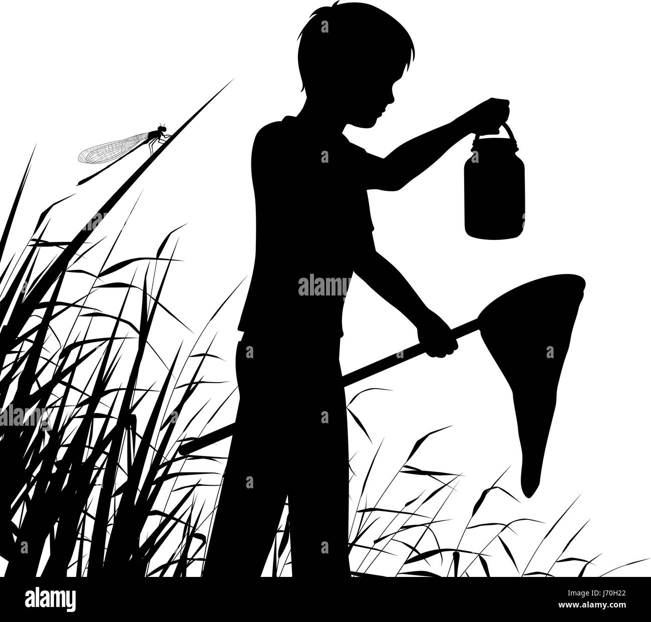 Vettore modificabile silhouette di un ragazzo pond immersione o per la cattura di insetti in una zona umida habitat con figura come un oggetto separato Illustrazione Vettoriale