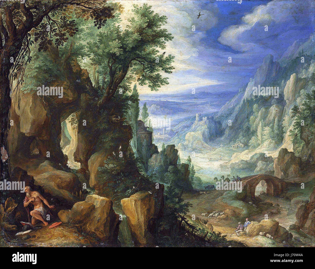 Paul Bril - Paesaggio con San Girolamo e sperone roccioso Foto Stock