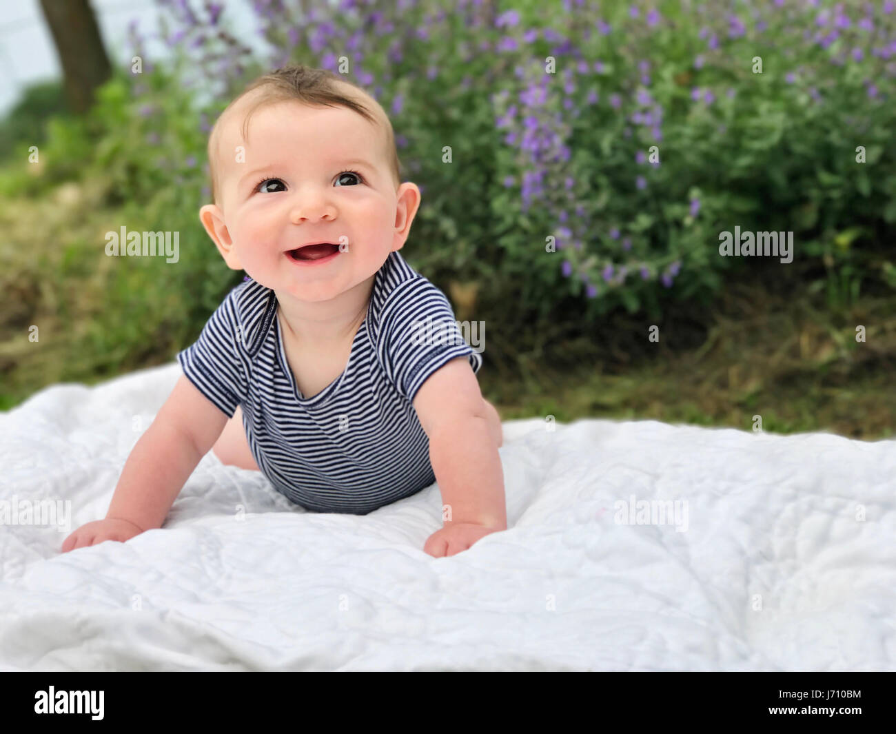 Carino happy baby boy posa sulla coperta cercando Foto Stock