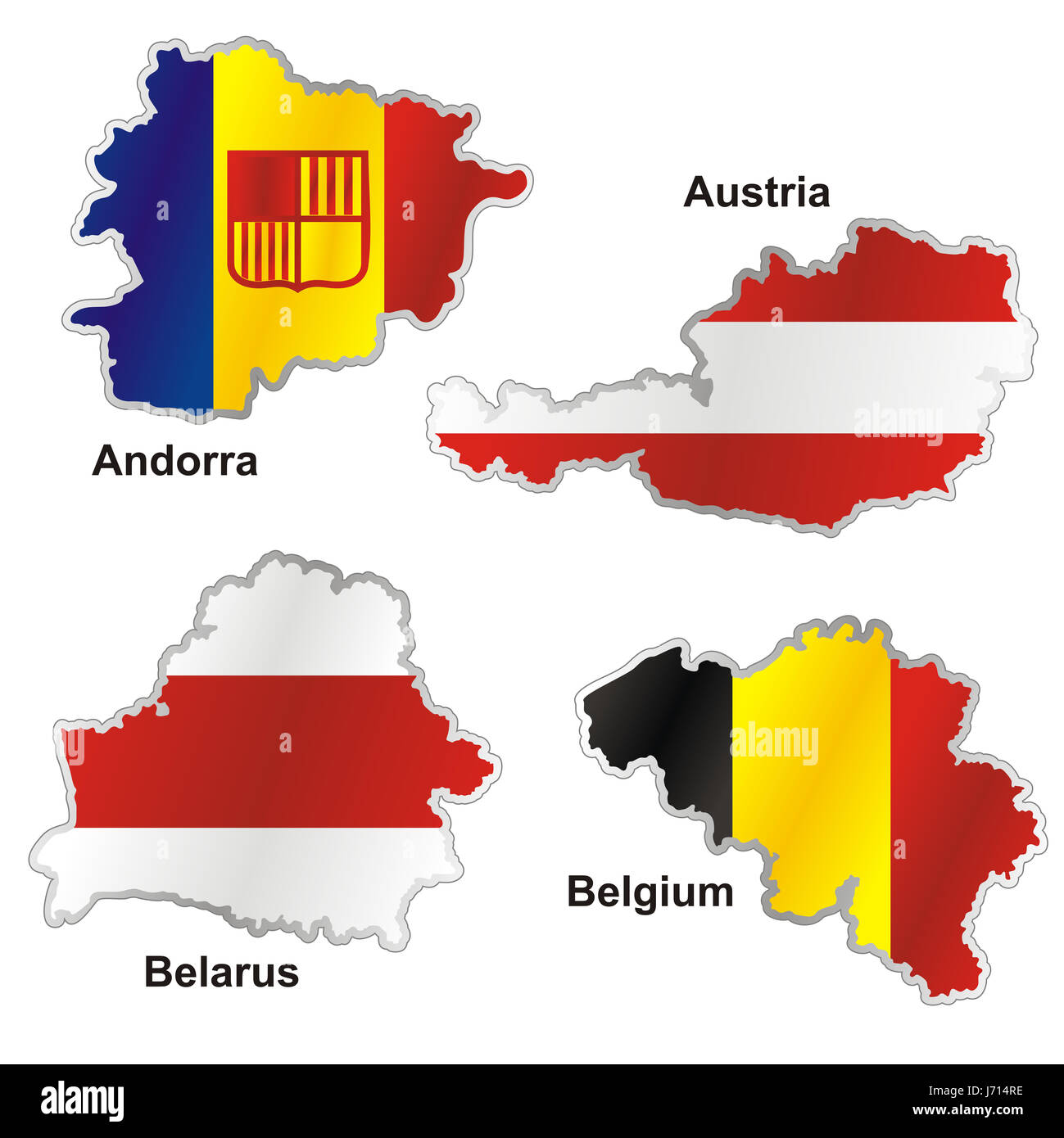 Bandiera dell'Austria Belgio andorra mappa atlas mappa del mondo Bielorussia isolato Foto Stock