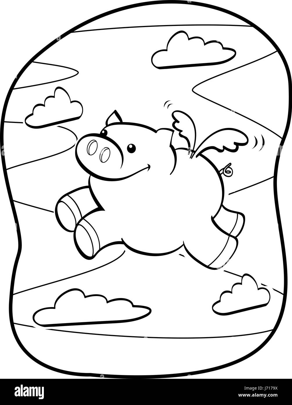 Un felice cartoon maiale volare in aria. Illustrazione Vettoriale