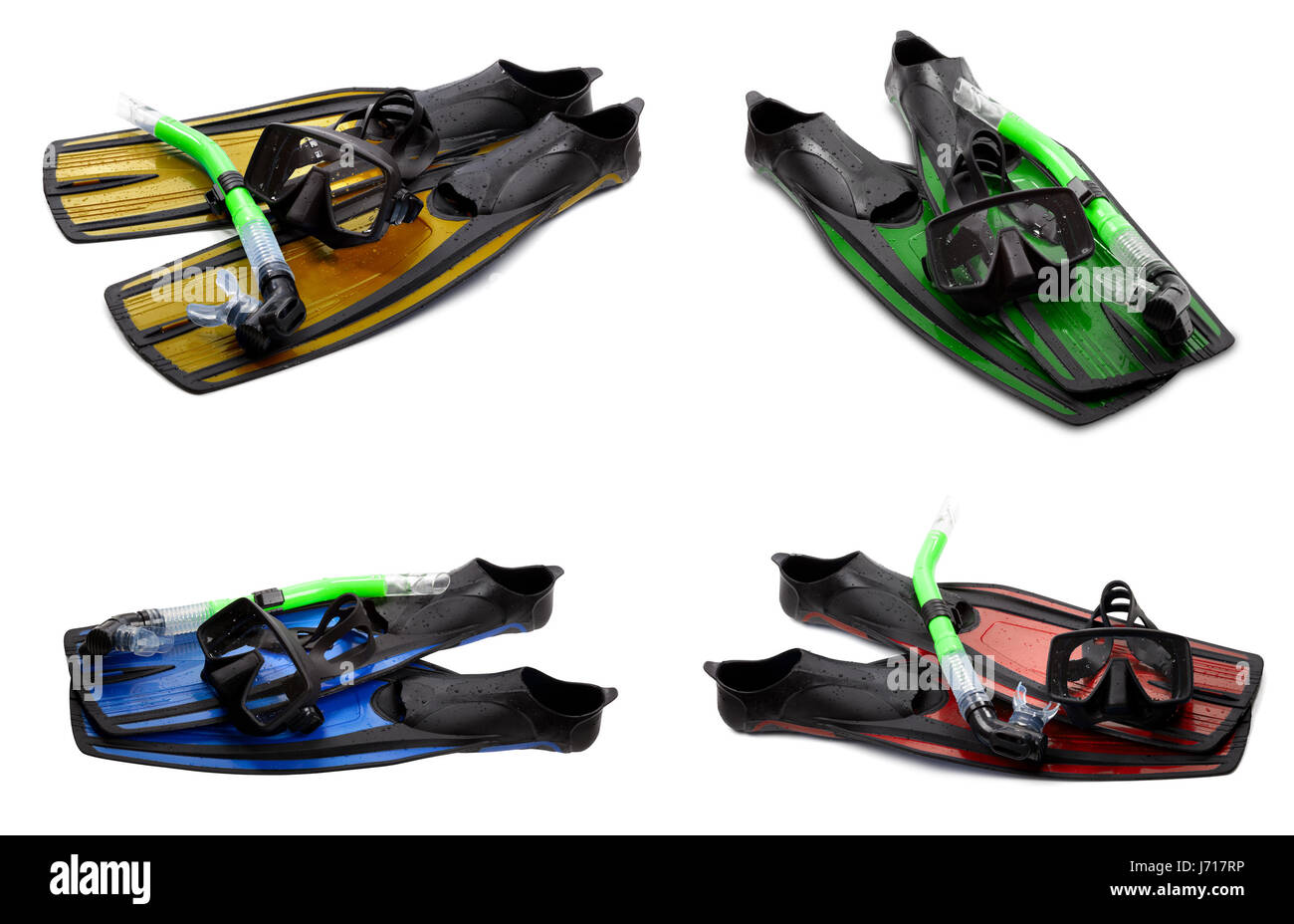 Set di multicolor pinne per il nuoto, maschera e pinne per immersioni subacquee isolati su sfondo bianco Foto Stock