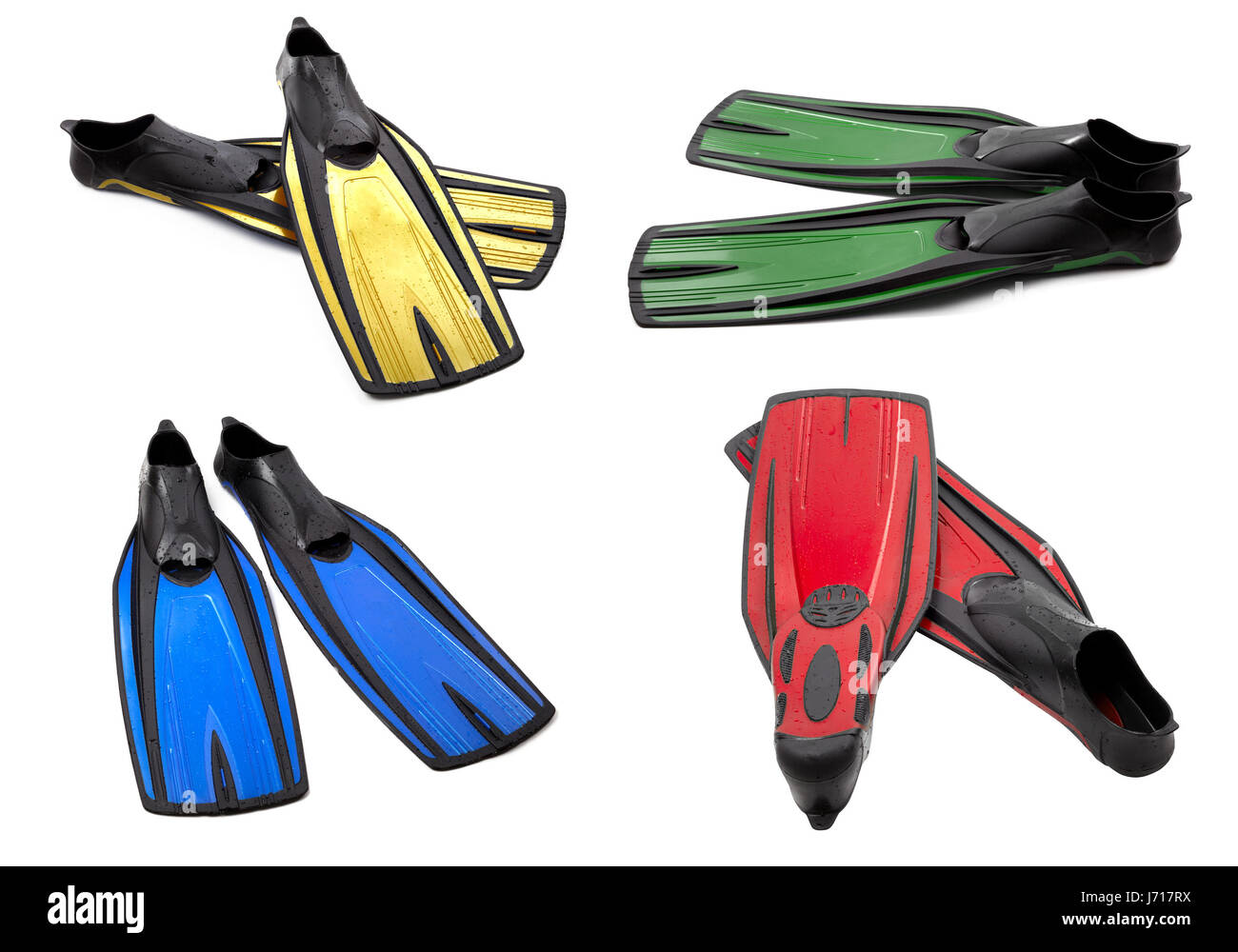 Set di multicolor pinne per il nuoto per immersioni subacquee isolati su sfondo bianco Foto Stock