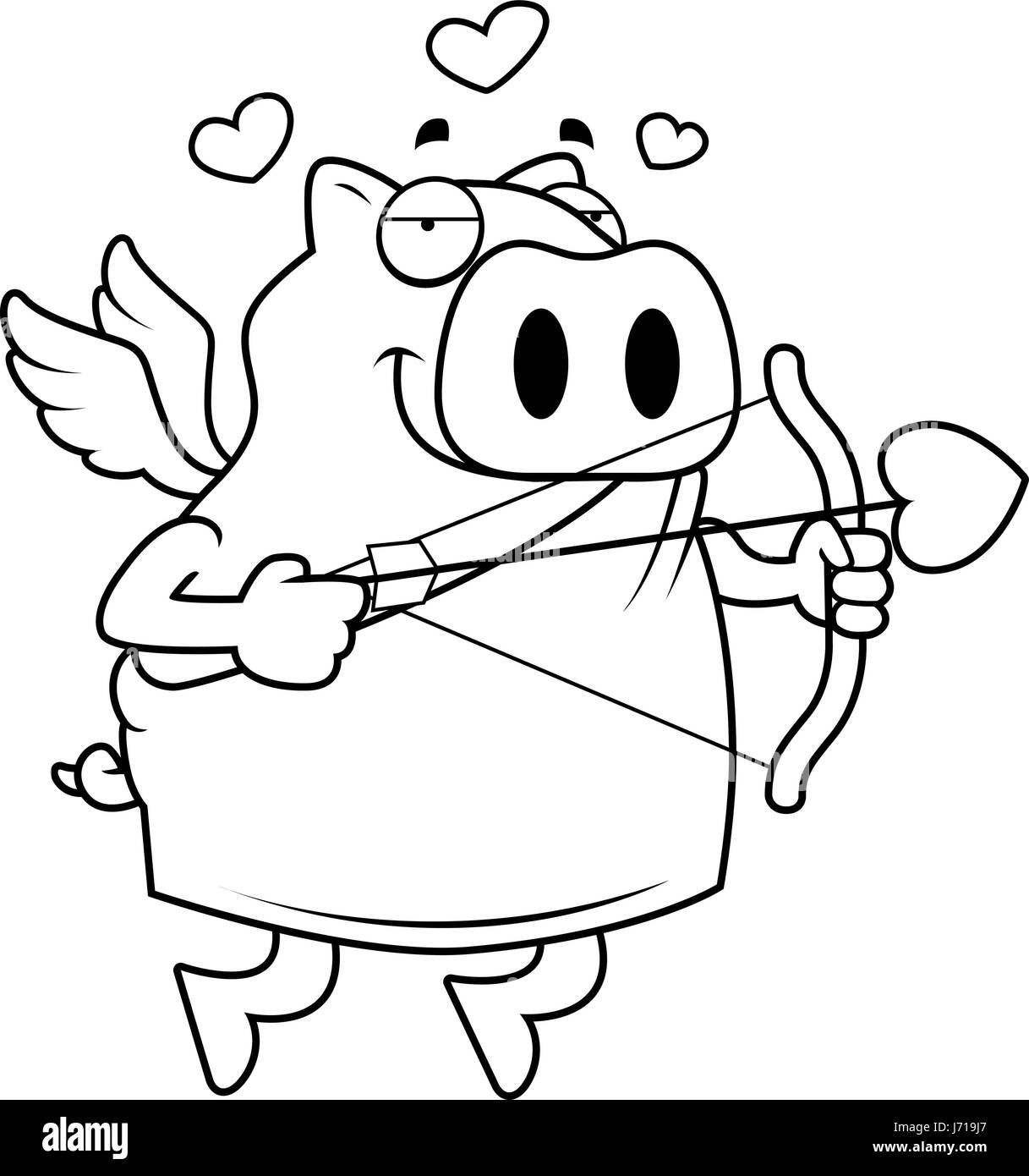 Un felice cartoon pig cupido con arco e frecce. Illustrazione Vettoriale