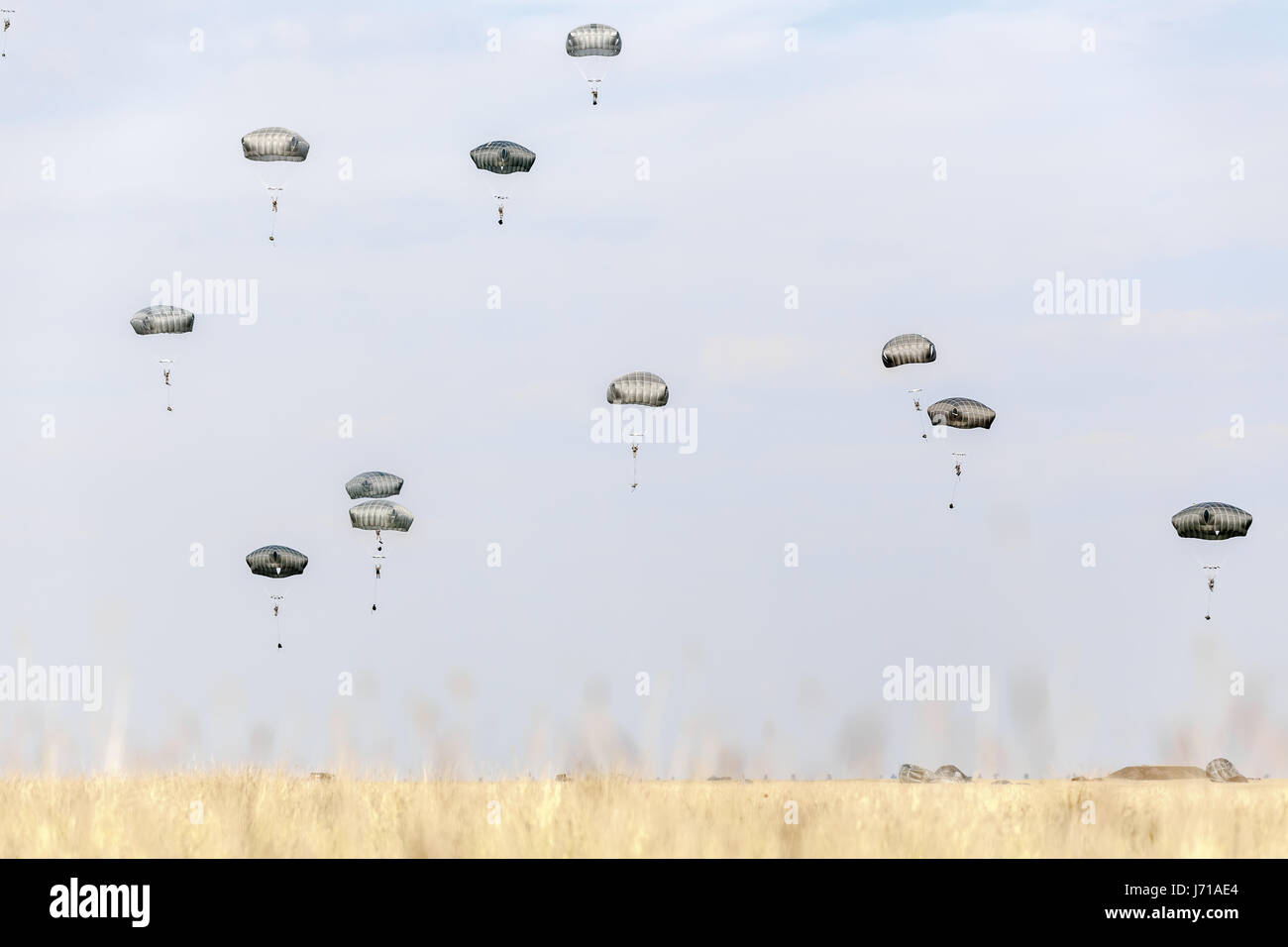 Una brigata multinazionale di paracadutisti prendere parte al "Risposta swift' airborne formazione presso il Smardan Area Formazione in Romania, il 26 agosto 2015. Alcuni 5.000 soldati provenienti da 11 nazioni della NATO di partecipare in contemporanea multinazionale operazioni aviotrasportate in tutta la Germania, l'Italia, la Bulgaria e la Romania. Foto Stock
