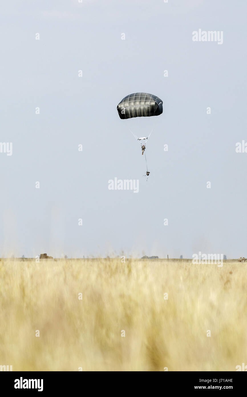Una brigata multinazionale di paracadutisti prendere parte al "Risposta swift' airborne formazione presso il Smardan Area Formazione in Romania, il 26 agosto 2015. Alcuni 5.000 soldati provenienti da 11 nazioni della NATO di partecipare in contemporanea multinazionale operazioni aviotrasportate in tutta la Germania, l'Italia, la Bulgaria e la Romania. Foto Stock