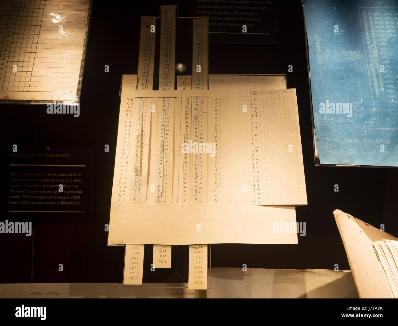 Un messaggio semplice foglio di decodifica sul display a seconda guerra mondiale Bletchley Park, il Museo Britannico. Foto Stock