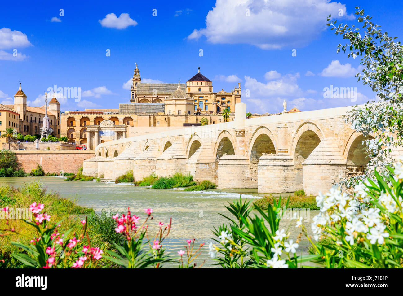Cordoba, Spagna. Il ponte romano e la moschea (cattedrale) sul fiume Guadalquivir. Foto Stock