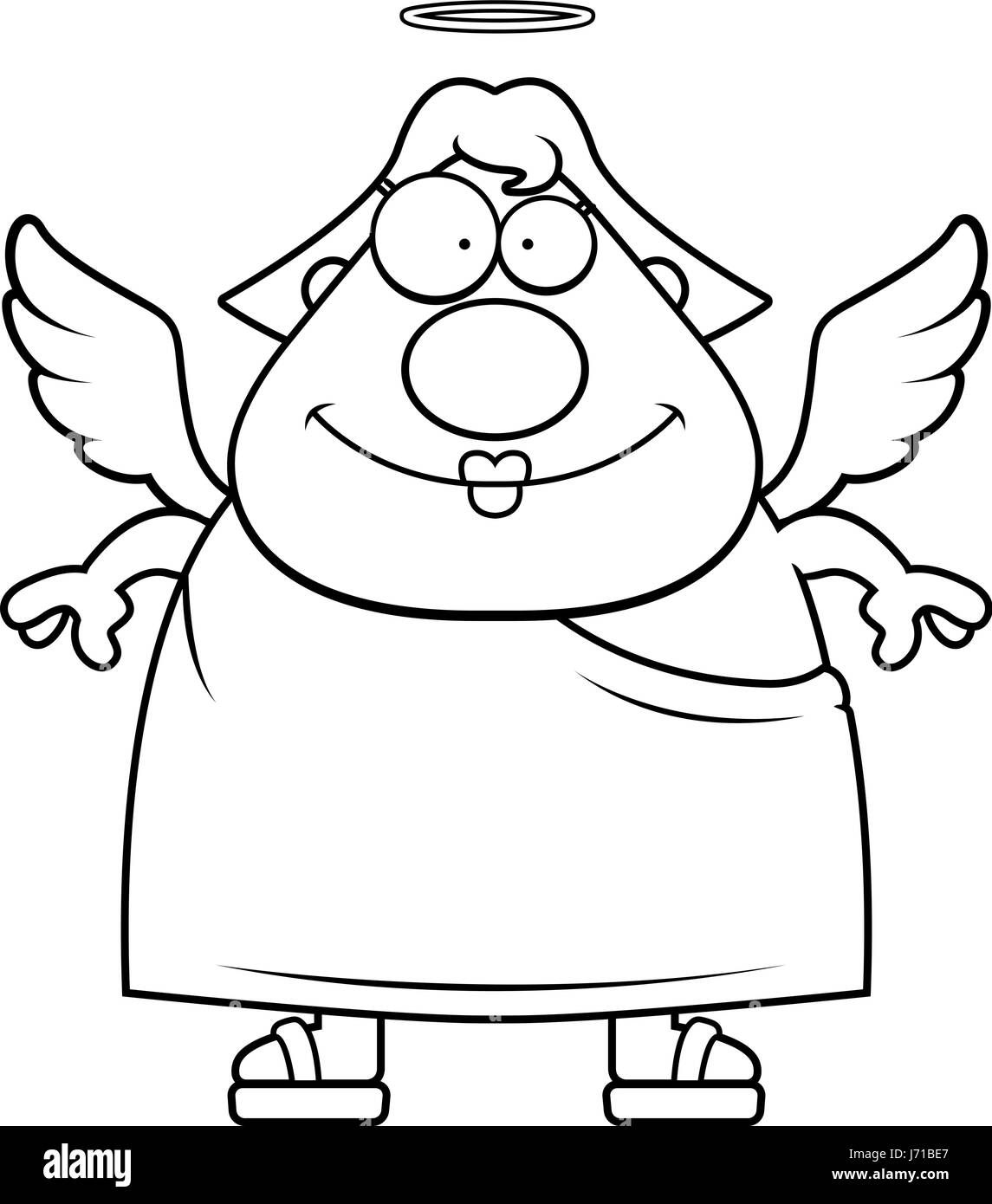 Un felice cartoon donna con ali d'angelo e alogeno. Illustrazione Vettoriale