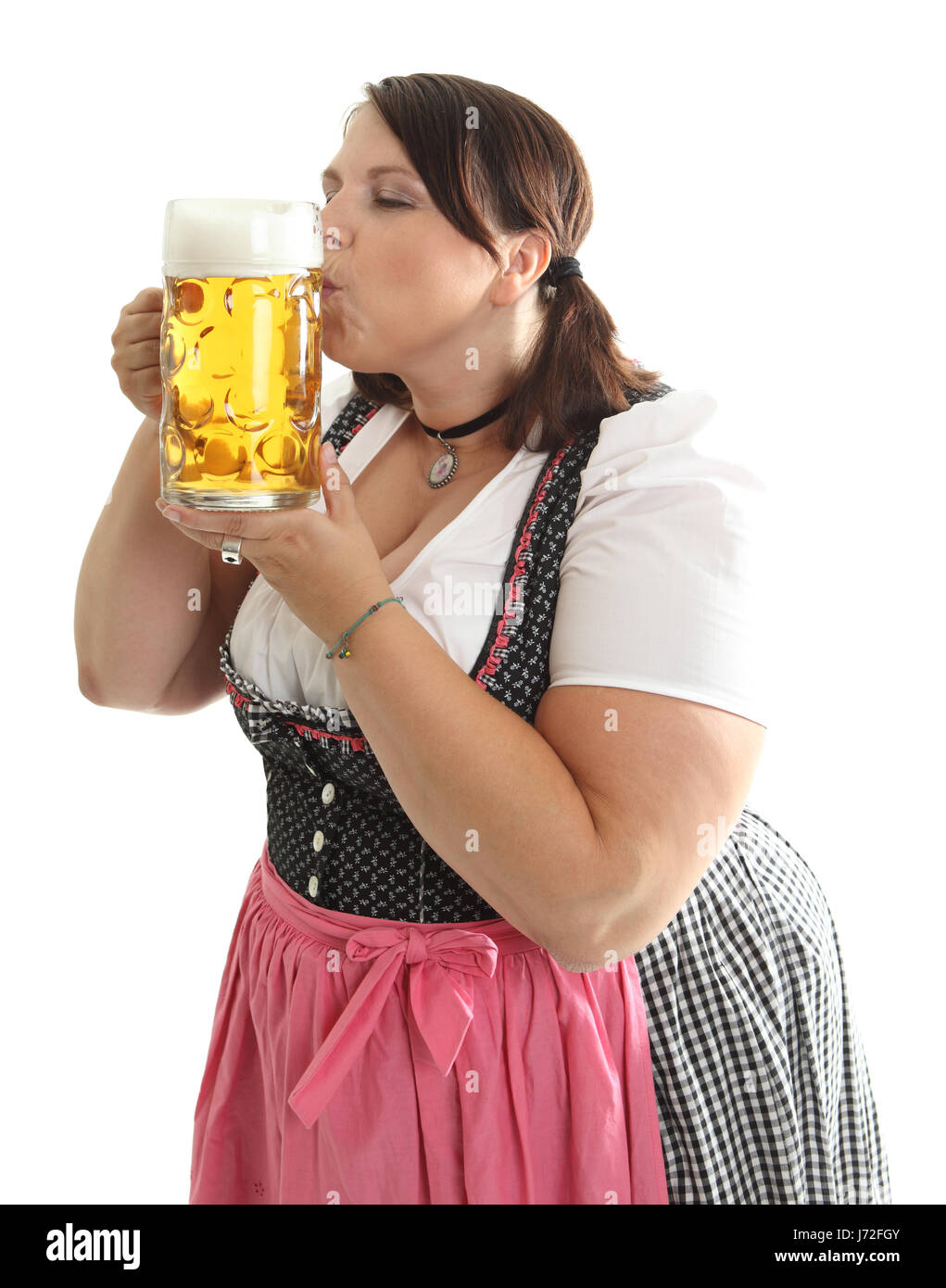 Donna birra Oktoberfest kiss decollete dirndl ragazza ragazze donna impresa marrone saldamente Foto Stock