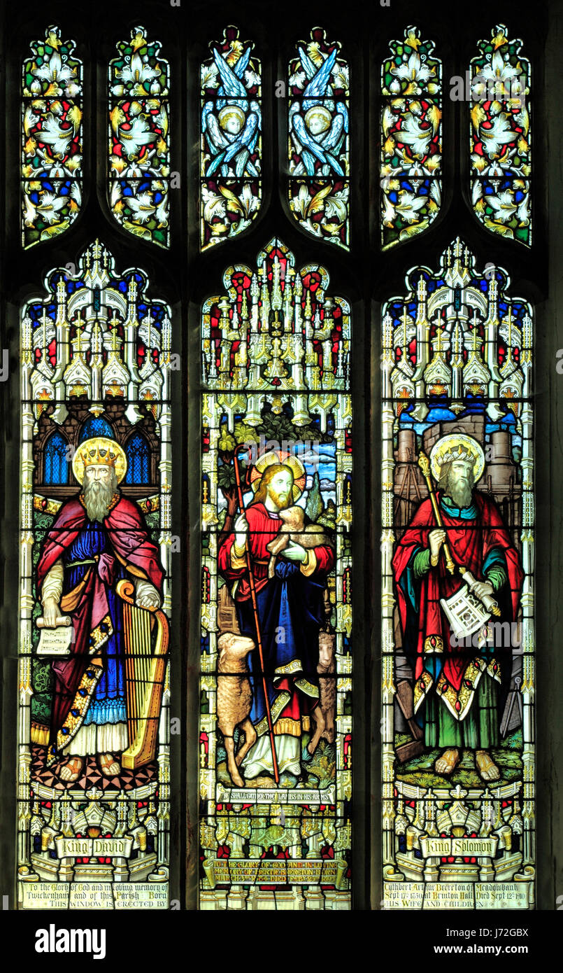 Il re Davide, Gesù Cristo Re Salomone, vetrate di A.L. Moore, 1910, Brinton, Norfolk, Regno Unito Foto Stock